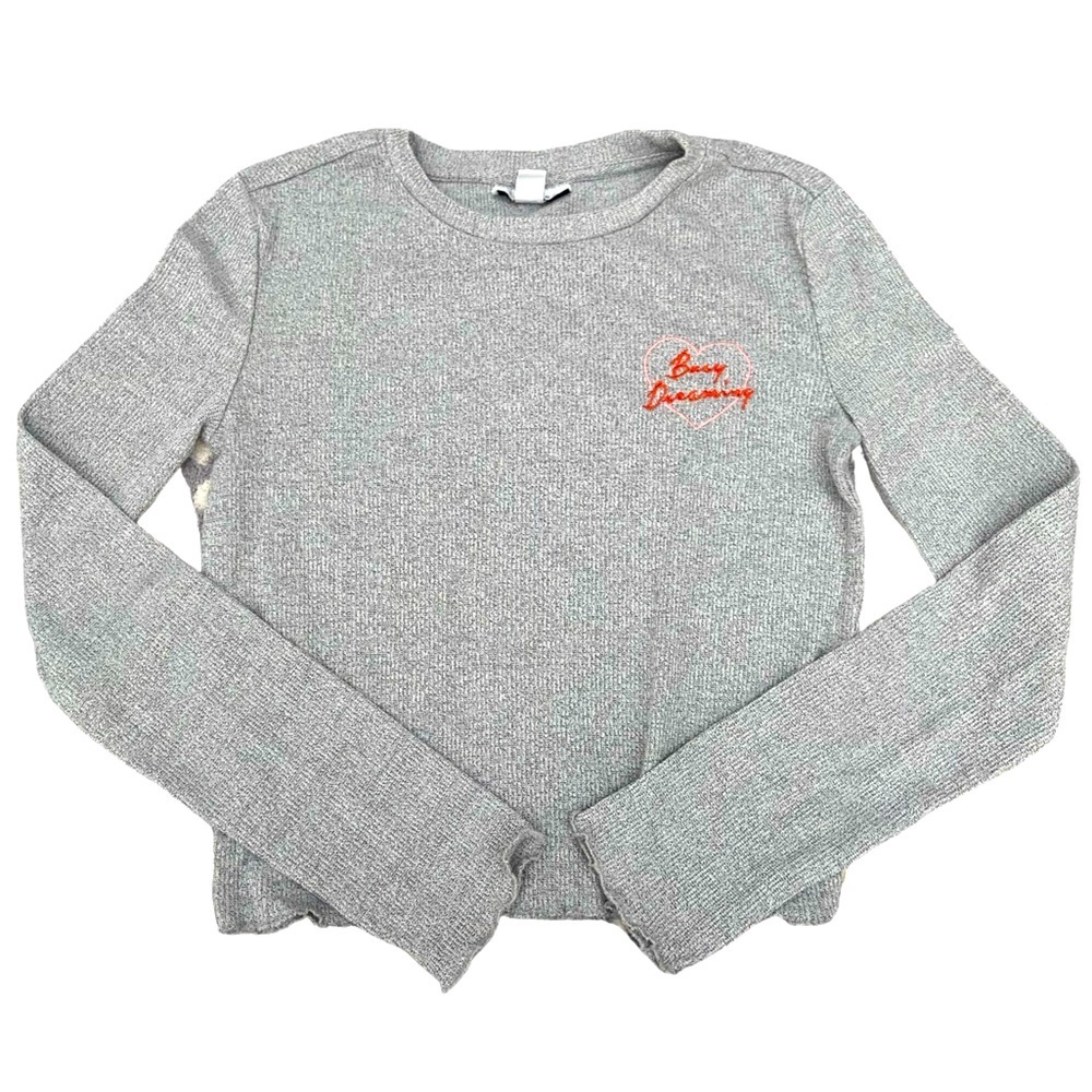 TOPSHOP GREY LONG SLEEVE CROPPED GRAPHIC TEE SIZE 4-6